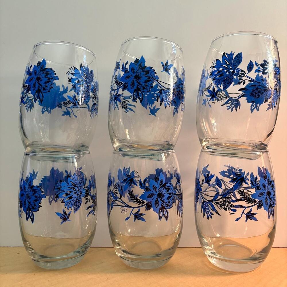 Vintage Royal Norfolk Blue Floral Stemless Glasses (6) Wine Tumblers Barware